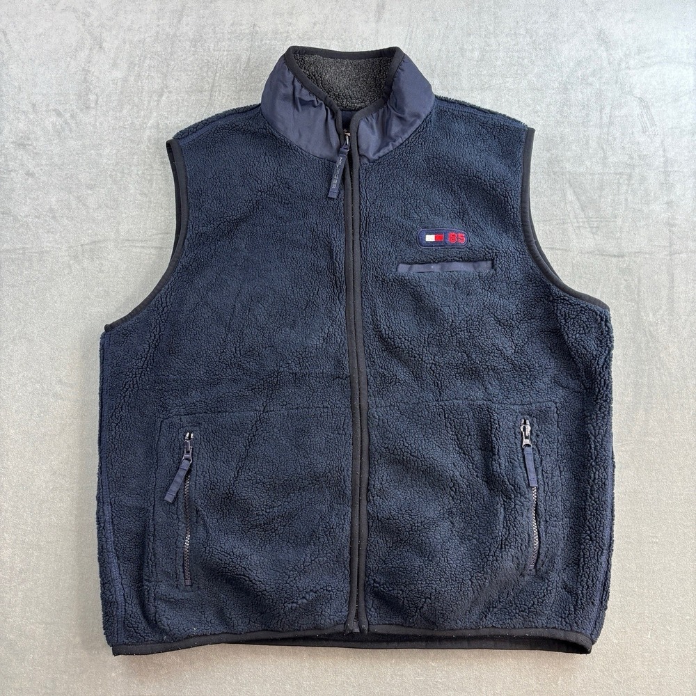 VTG Tommy Hilfiger Sherpa Fleece Vest Navy Full‎ Zip Men's L